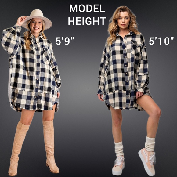 EASEL "Picnic Flannel" Oversize Cotton Shirt Dress Wide Sleeve Pockets Raw Seams - Picture 5 of 15